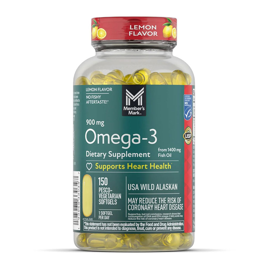 Viên dầu cá bổ não, hổ trợ tim mạch và mạch máu Member's Mark 900 mg Omega-3, 150 viên.