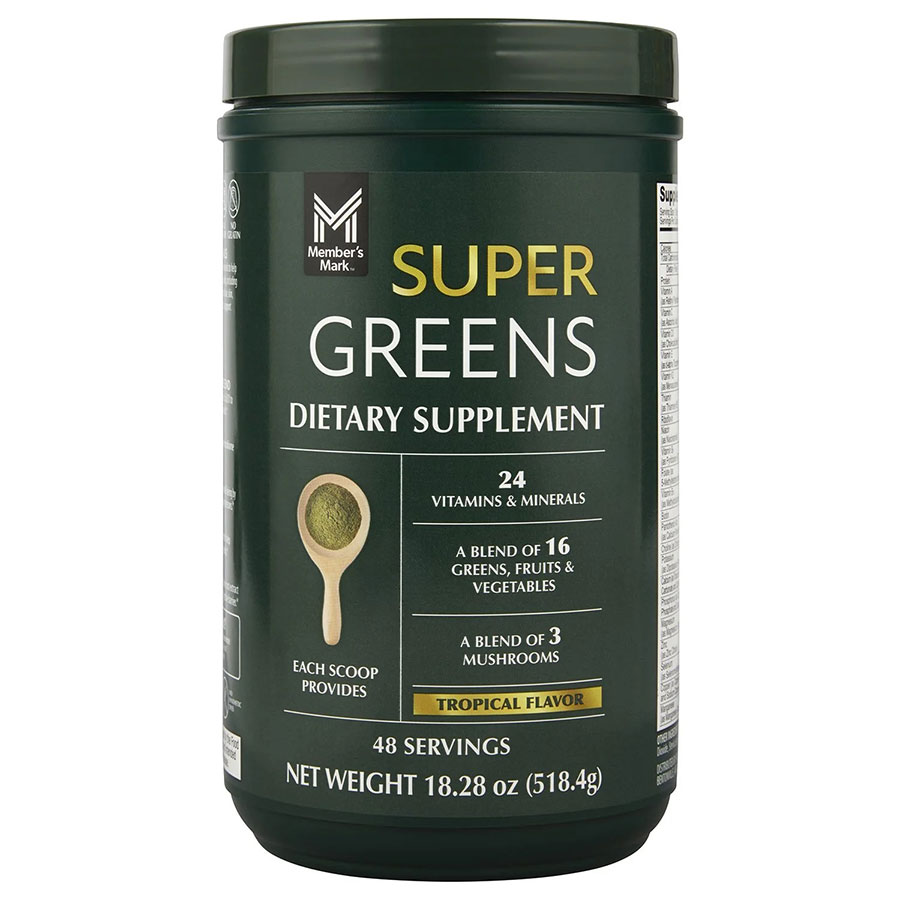 Bột rau xanh cung cấp đầy đủ Vitamins và hổ trợ tim mạch, chống đột quỵ - Member's Mark Super Greens, hương vị nhiệt đới, 18,28 ounce, 48 khẩu phần