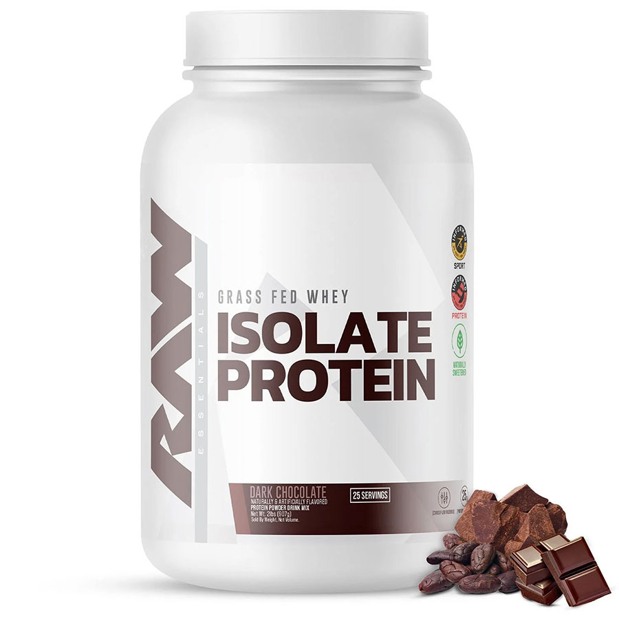 Bột protein Whey Isolate từ sữa bò ăn cỏ RAW, cung cấp đến 25g protein/lần uống, vị Sô cô la đen, 1,97 lbs.